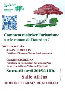 Affiche du cafécolo du 4 avril 2015 sur la maîtrise de l'urbanisme sur le canton de Dourdan. © Christian SANTOUL, BN, mars 2015. CAFECOLO 4 AVRIL 2015