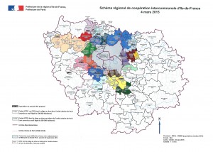 Carte du Schéma régional de coopération intercommunale d'Ile-de-France. Arrêté préfectoral du 4 mars 2015. SRCI Carte 4 mars 2015