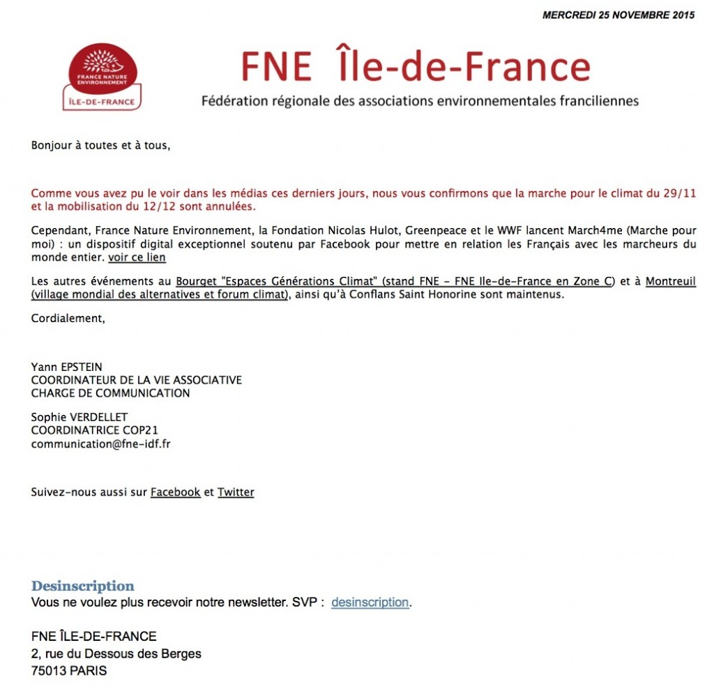 COP21 Marche du 29-11 et Rassemblement du 12-12 ANNULES