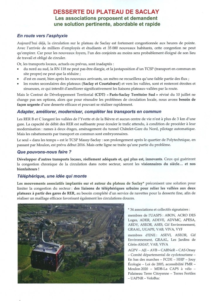 Desserte du plateau de Saclay : les associations proposent et demandent une solution pertinente... (tract, p. 1/2, novembre 2015). TRACT DESSERTE SACLAY Nov 2015